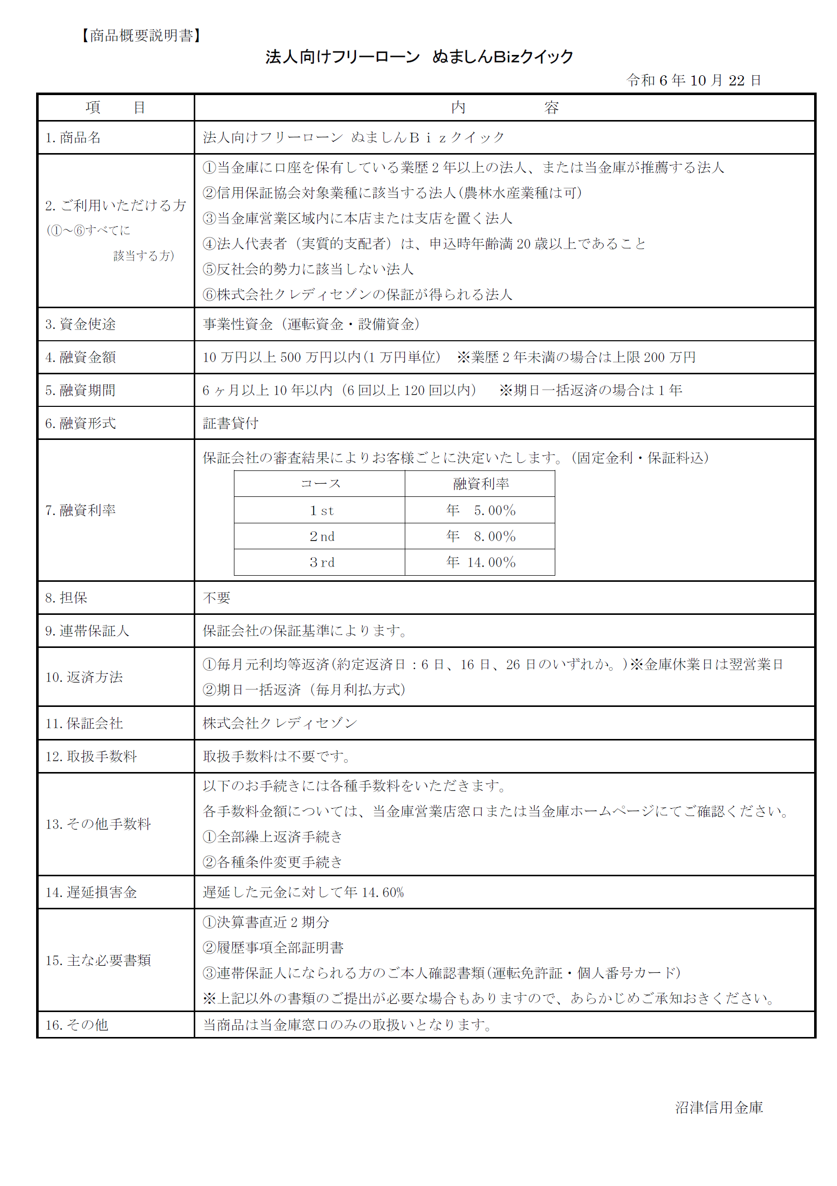 法人向けフリーローン ぬましんBizクイック 商品概要説明書