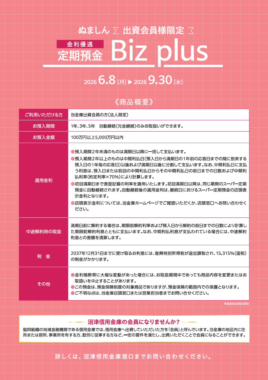 法人・個人事業主限定定期預金 BizPlus 商品概要説明書